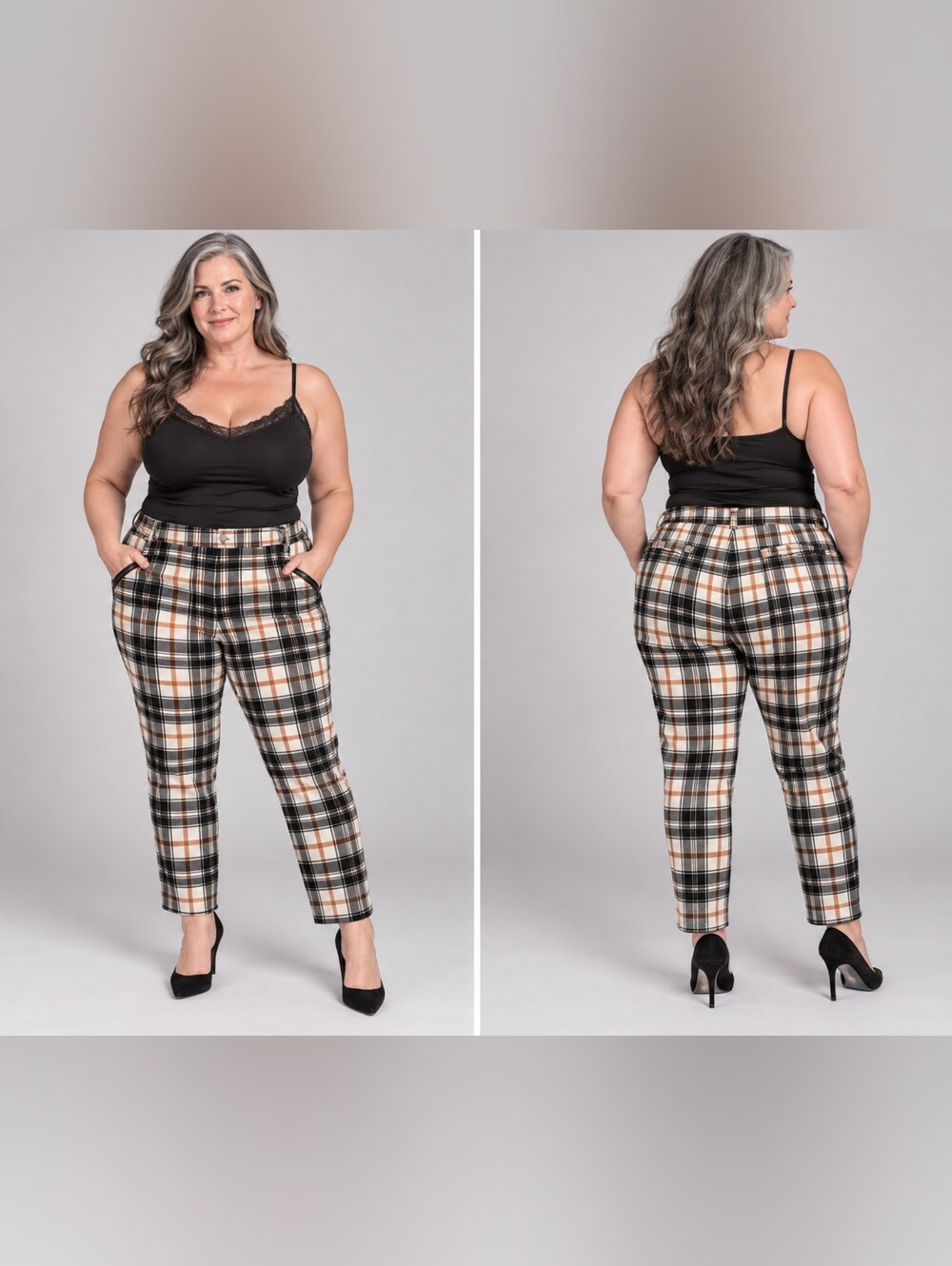 Plus-Size Plaid Slim Ankle Pants - Black & Tan